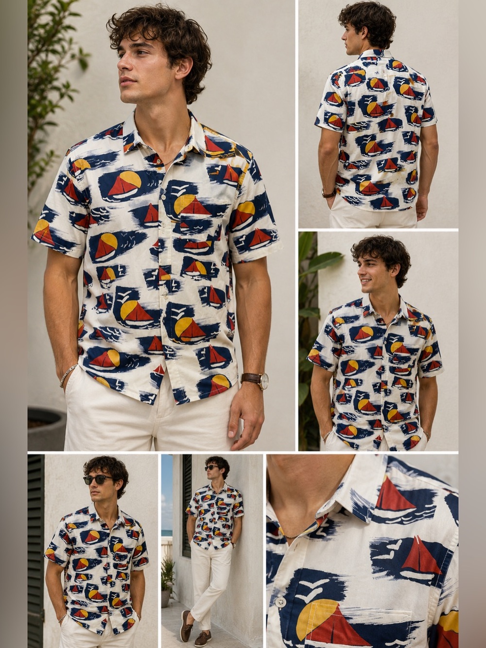J. Crew Sailboat Allover Print Short Sleeve Button Down Shirt Men’s Medium White